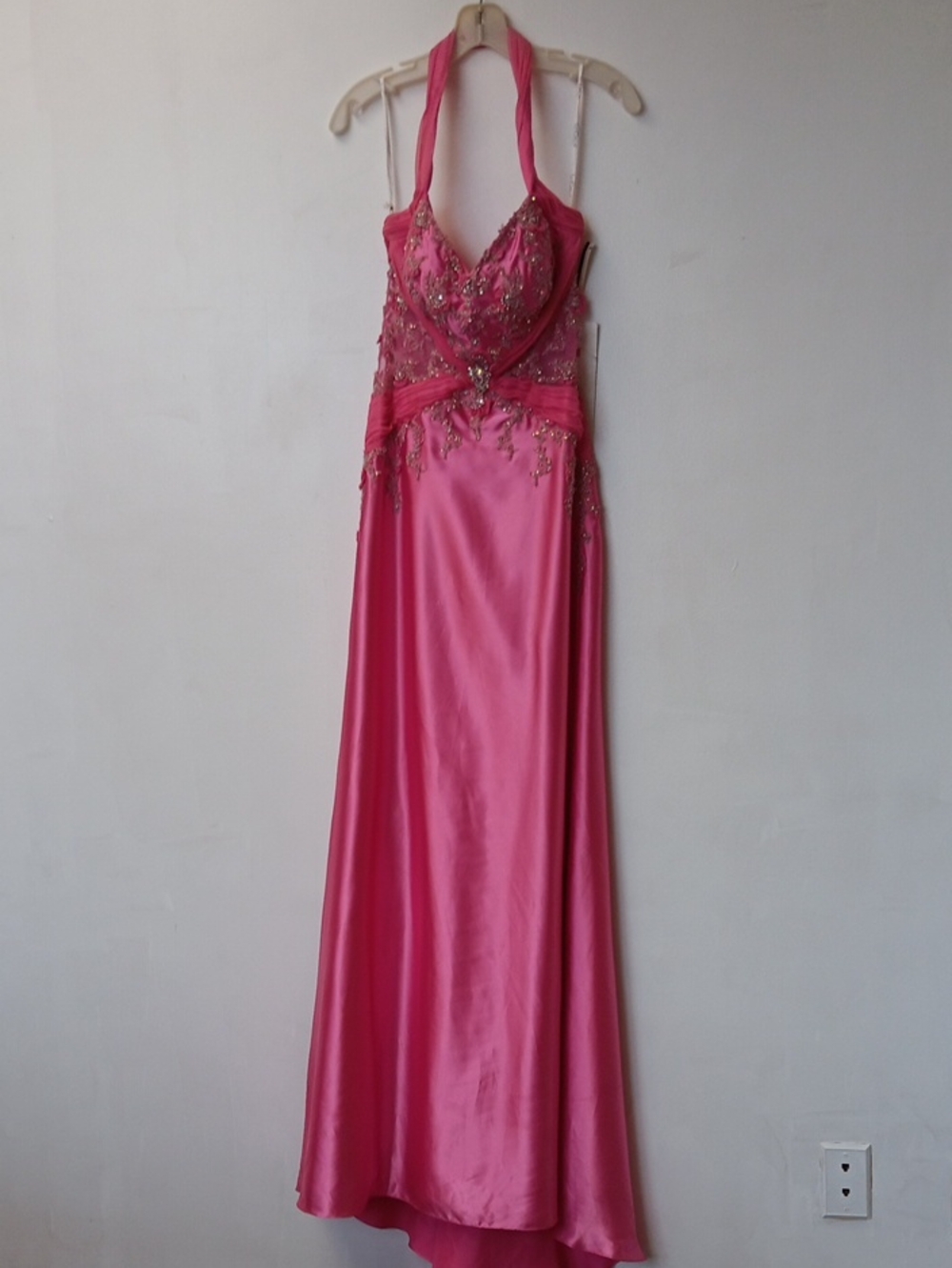 Hot Pink Fuchsia Satin Halter Maxi Dress with Beaded Bodice